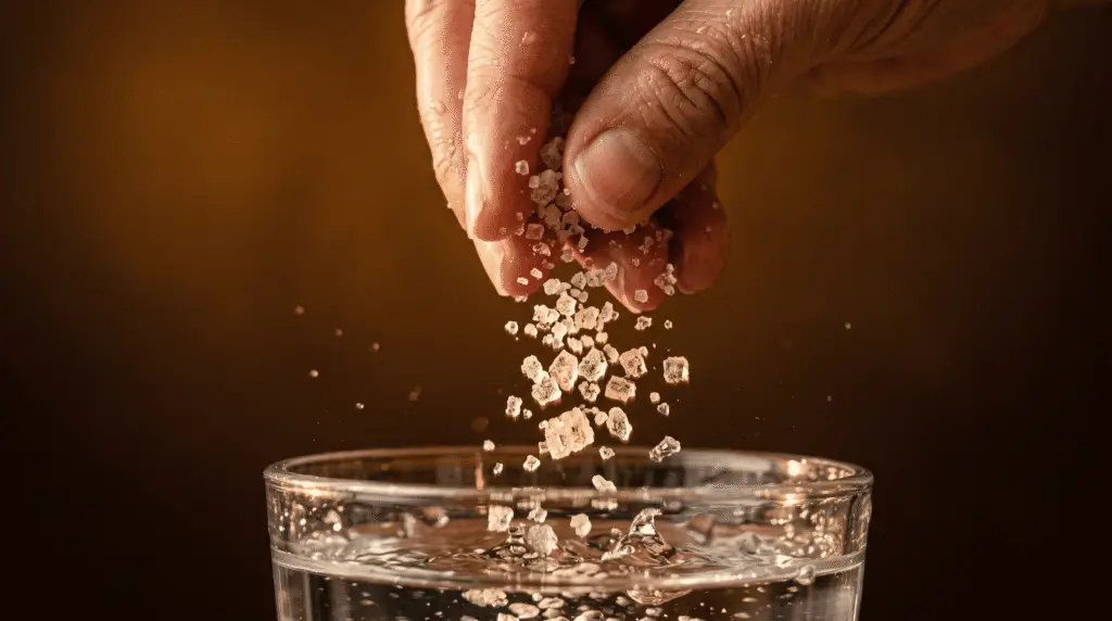 Primer plano de una mano añadiendo un pellizco de sal sin refinar a un vaso de agua, luz cálida y fondo oscuro desenfocado.