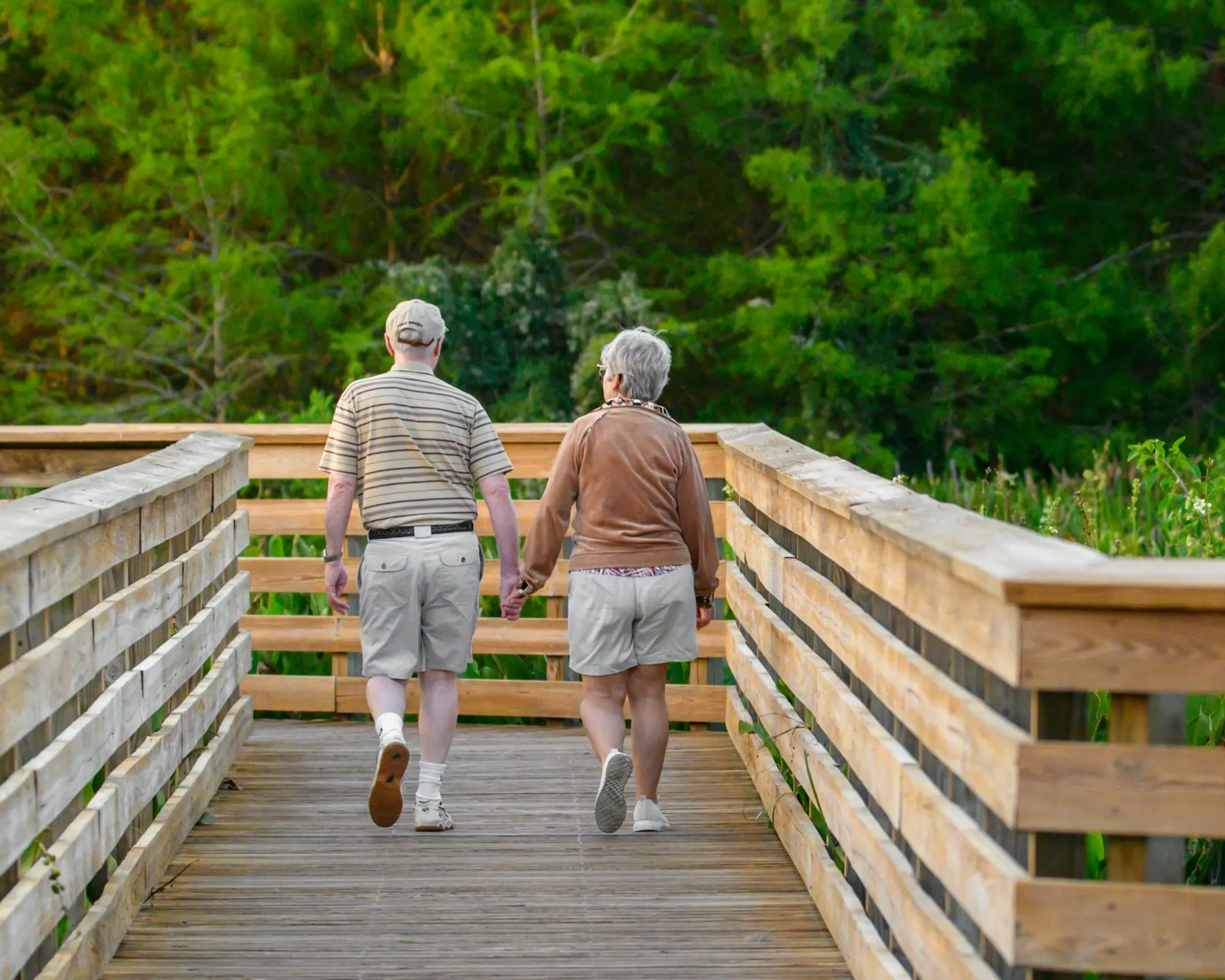 Pareja mayor paseando por una pasarela de madera entre árboles