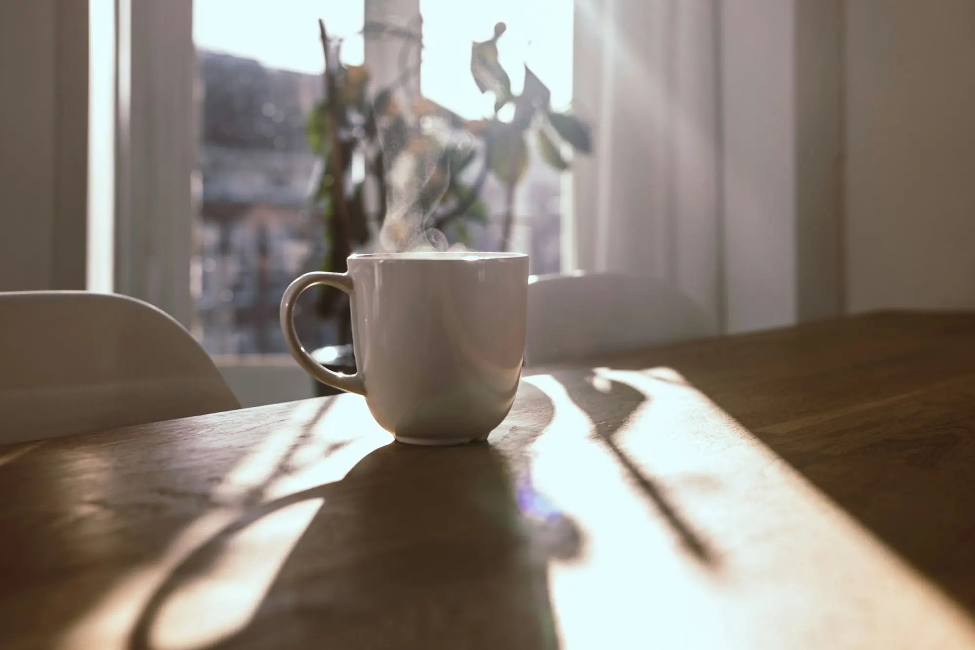Taza blanca sobre una mesa de madera junto a una ventana con luz de mañana